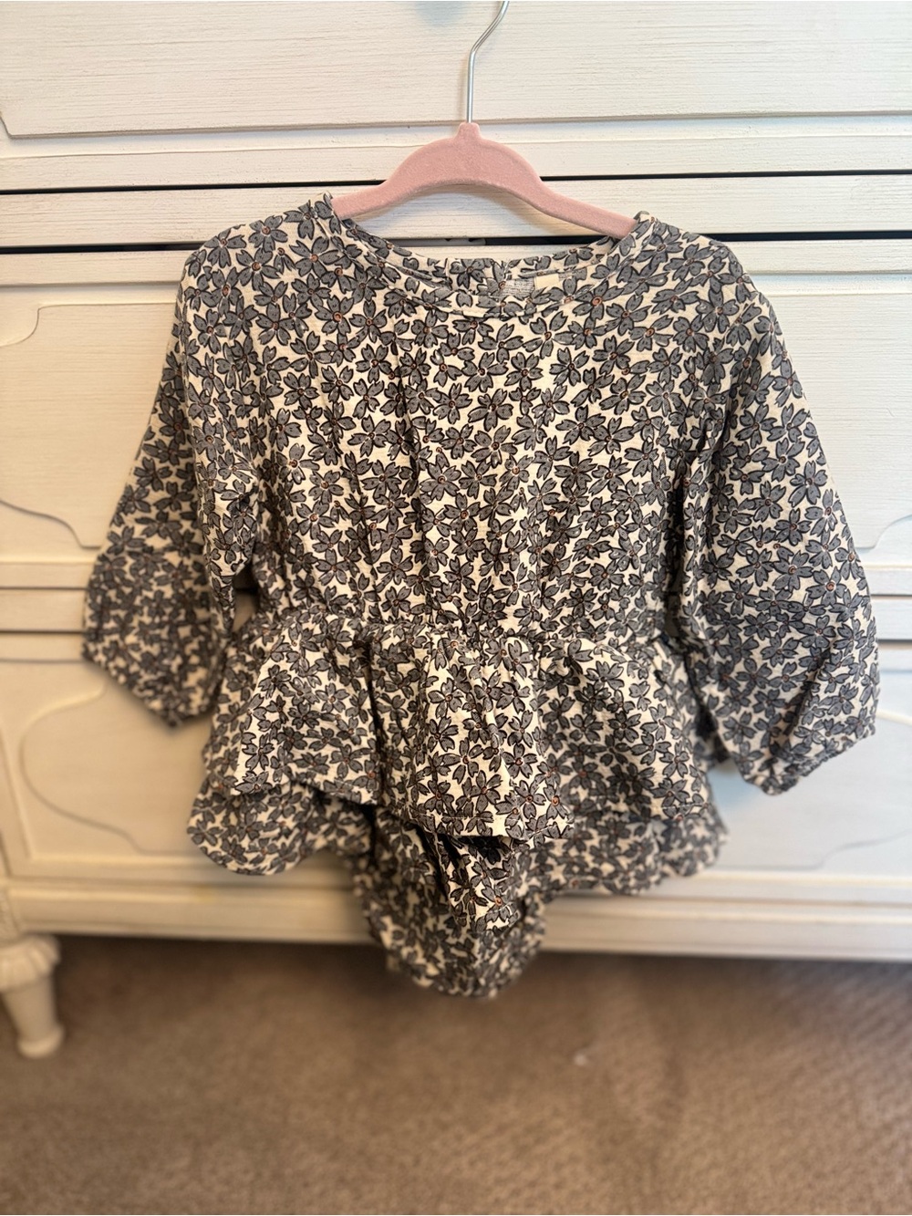 Quincy Mae Blue & White Flower Thalia Romper with Attached Skirt. 12-18 Months.